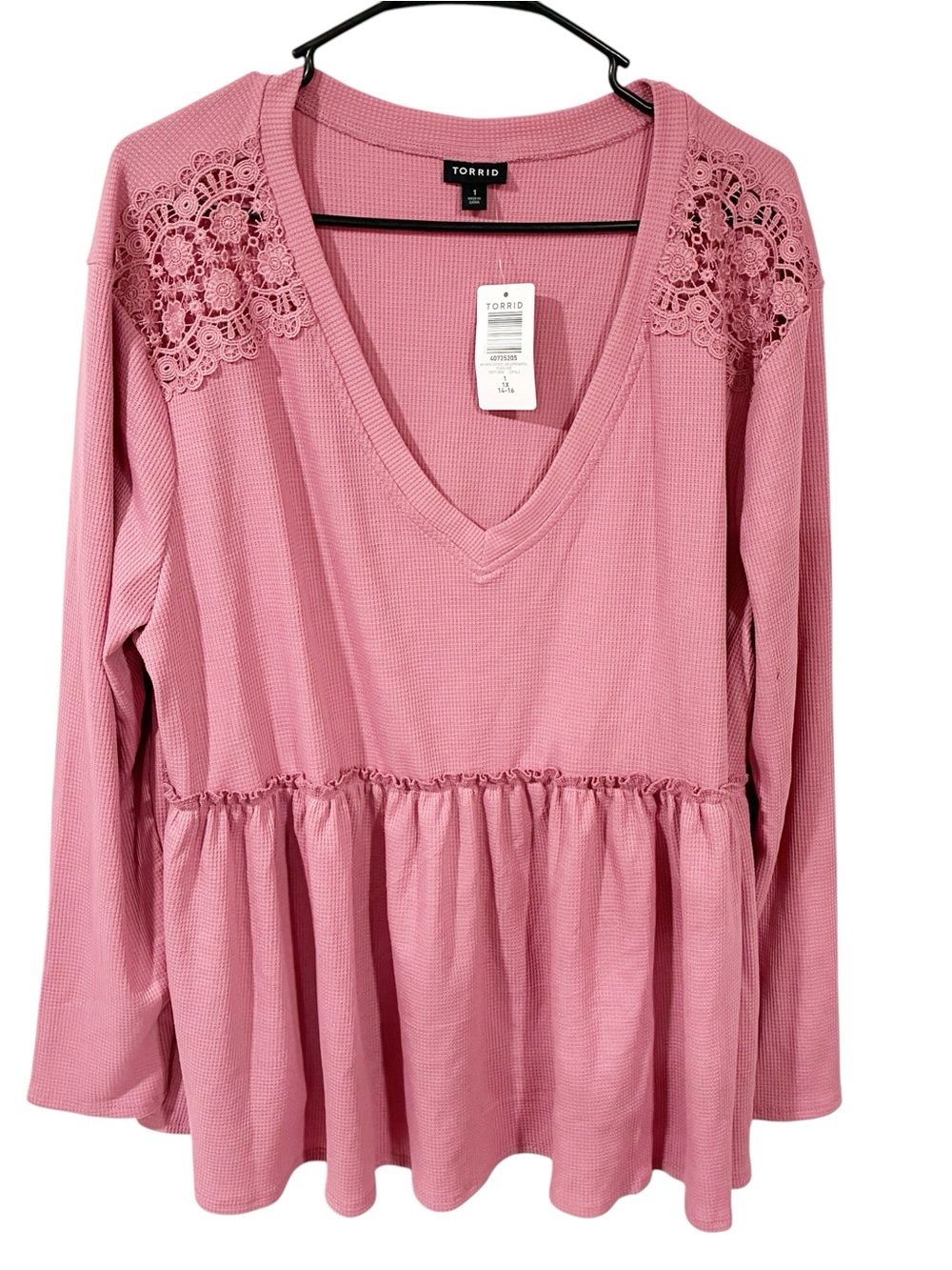 Torrid Plus Size Pink Knit V-Neck Lace Inset Long Sleeve Babydoll Size 1X NEW